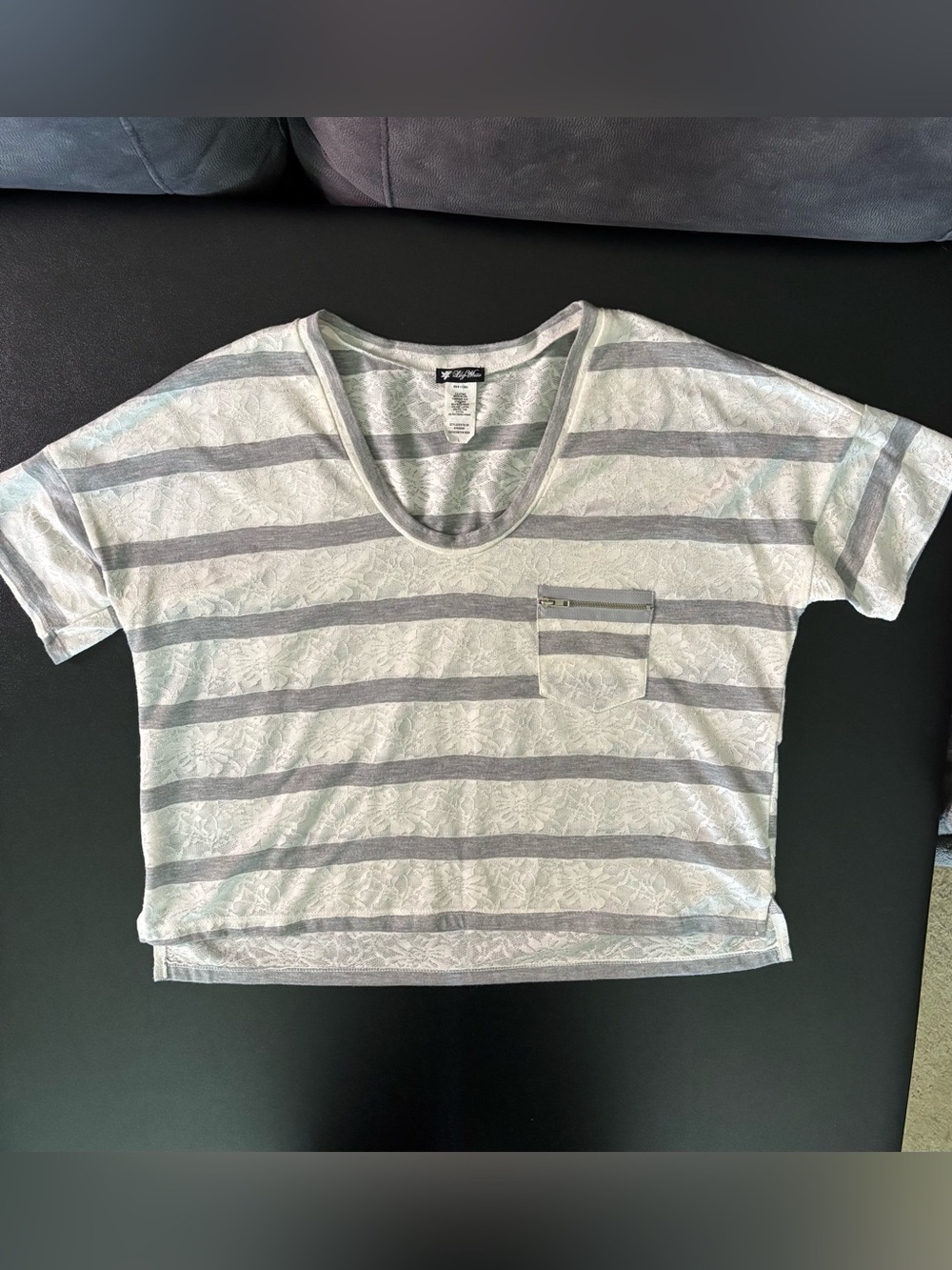 Lily White Lace Stripe Boxy Tee Gray & Ivory Horizonal Zip Pocket Top Size L